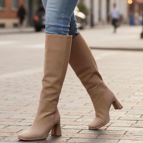 Sam Edelman Issabel Knee High Suede Boots Camel Tan Block Heel Size 6 New - Picture 2 of 10